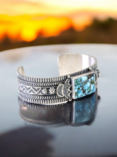 Load image into Gallery viewer, Native America Navajo Sterling Silver Kingman Turquoise Bracelet By R.H.B.