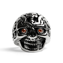 Load image into Gallery viewer, Stainless Steel Red CZ Eyed Sugar Skull Ring
