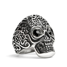 Load image into Gallery viewer, Black CZ Eyed Detailed Skull Stainless Steel Ring
