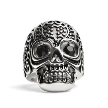 Load image into Gallery viewer, Black CZ Eyed Detailed Skull Stainless Steel Ring
