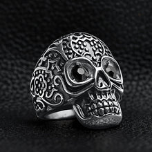Load image into Gallery viewer, Black CZ Eyed Detailed Skull Stainless Steel Ring
