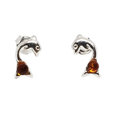 Load image into Gallery viewer, Cognac Amber Sterling Silver Dolphin Stud Earrings
