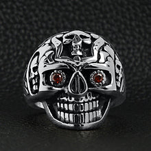 Load image into Gallery viewer, Stainless Steel Red CZ Eyed Sugar Skull Ring
