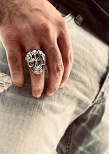 Load image into Gallery viewer, Stainless Steel Red CZ Eyed Sugar Skull Ring
