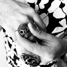 Load image into Gallery viewer, Black CZ Eyed Detailed Skull Stainless Steel Ring
