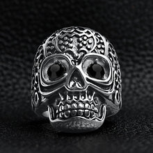 Load image into Gallery viewer, Black CZ Eyed Detailed Skull Stainless Steel Ring
