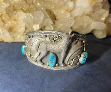 Load image into Gallery viewer, Handcrafted Sterling Silver Turquoise Wolf Cuff
