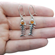 Load image into Gallery viewer, Fish Bone Cognac Amber Sterling Silver Earrings On Hooks
