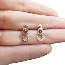 Load image into Gallery viewer, Cognac Amber Sterling Silver Seahorse Stud Earrings
