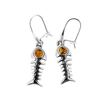 Load image into Gallery viewer, Fish Bone Cognac Amber Sterling Silver Earrings On Hooks
