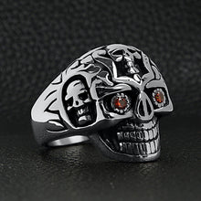 Load image into Gallery viewer, Stainless Steel Red CZ Eyed Sugar Skull Ring
