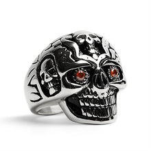 Load image into Gallery viewer, Stainless Steel Red CZ Eyed Sugar Skull Ring
